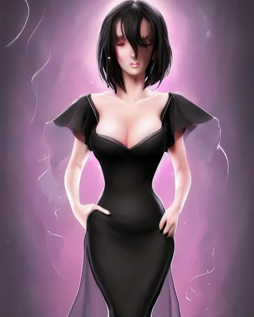 Image similar to A frontal fullbody painting of a beautiful brunette witch and wearing a cute translucent black dress looking at the viewer, elegant, delicate, stunning, soft lines, feminine figure, higly detailed, ultraHD, 8k, smooth , pixiv art, cgsociety, artgem, high quality, digital illustration, concept art, masterpiece