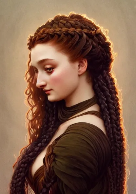 Prompt: sansa with a complex hairstyle with lots of braids and curls, intricate, elegant, highly detailed, digital painting, artstation, concept art, smooth, sharp focus, illustration, art by artgerm and greg rutkowski and alphonse mucha and william - adolphe bouguereau