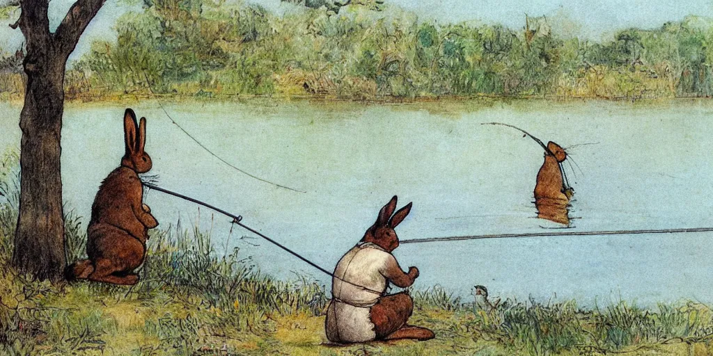 Prompt: a rabbit fishing by a calm lake, in the style of carl larsson