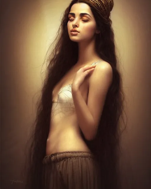 Image similar to a highly realistic, true to life portrait of a beautiful young middle eastern girl, soft focus, from the waist up, with sharp features, a beautiful face, soft smile, under studio lighting, taken with a canon eos camera with 1 3 5 mm focal length, art by karol bak, james jean, tom bagshaw, trending on artstation,