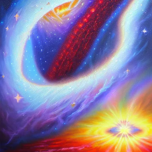 Prompt: great rage, galactic nebular astral realm sacred journey in oil painting, trending on artstation, award winning, emotional, highly detailed surrealist art
