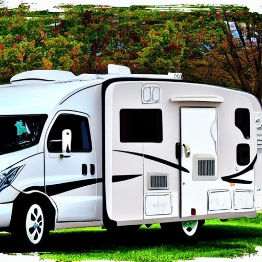 Prompt: beautiful cute cozy very little class c motorhome on the grass by the harbor, in maine, white background, digital cartoon art, 4 colors!!!