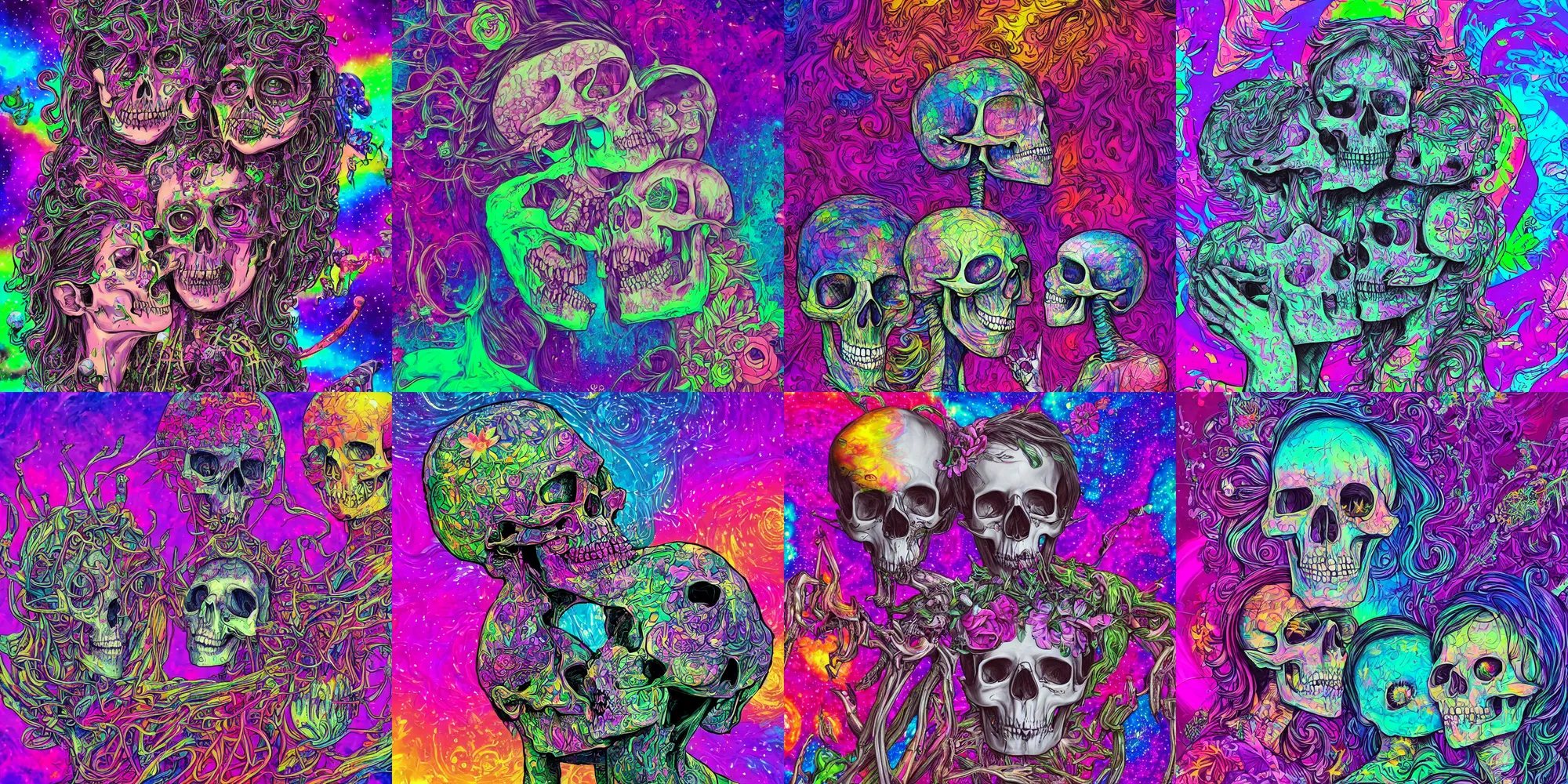 Prompt: a boy skull and a stunning girl kissing, atoms floating gothic harts flowers, spaceship, in the style of lisa frank hr giger, behance contest winner, bright color splashes psychedelic art, high detailed 8 k