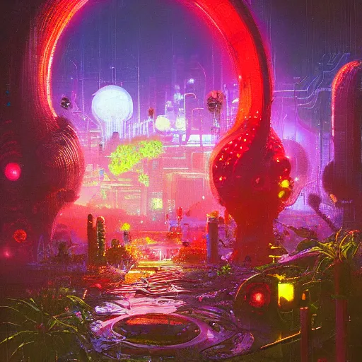 Image similar to cyberpunk kew gardens by paul lehr