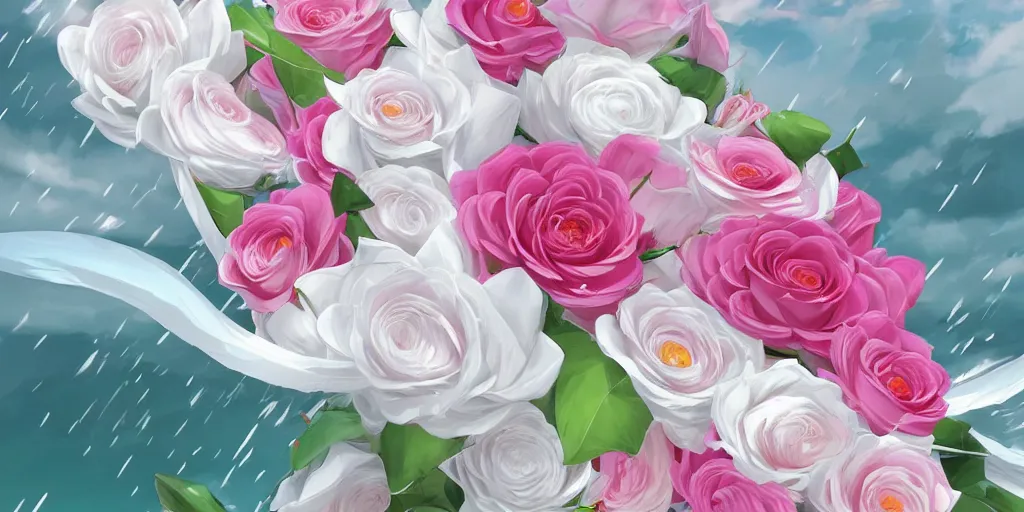 Image similar to background art of flying longswords flowing slicing through a bouquet of white and pink roses, big puffy clouds, sharp rain, large rose petals, lotus petals, large polygonal background elements, large polygons, dramatic anime, dramatic lighting, artgerm, manga, trending on artstation, art nouveau, mature colors