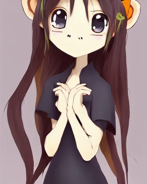 Image similar to A cute wakfu-style frontal painting of a very very beautiful anime skinny mousegirl with long wavy brown colored hair and small mouse ears on top of her head wearing a cute black dress and black shoes looking at the viewer, elegant, delicate, feminine, soft lines, higly detailed, smooth , pixiv art, ArtStation, artgem, art by alphonse mucha Gil Elvgren and Greg rutkowski, high quality, digital illustration, concept art, very long shot