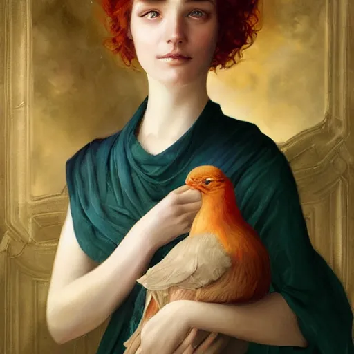 Image similar to a painting of a woman holding two birds, a character portrait by charlie bowater, featured on deviantart, pre - raphaelitism, pre - raphaelite, wiccan, deviantart