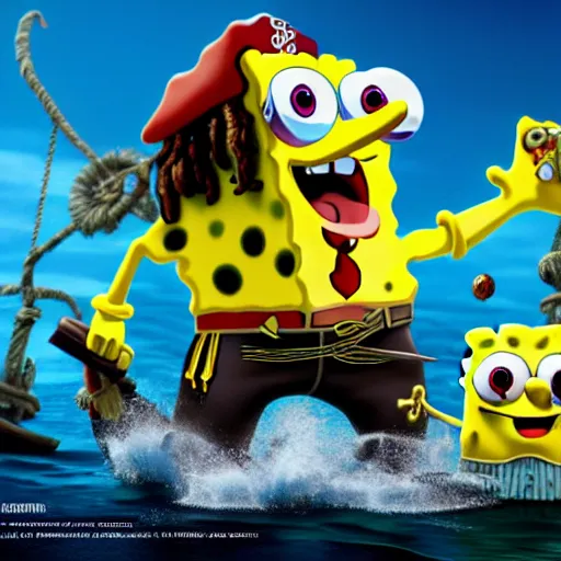 Image similar to SpongeBob in the role of captain Jack Sparrow. Octane render, 4k, 8k, unreal 5, very detailed, hyper realism, trending on artstation.