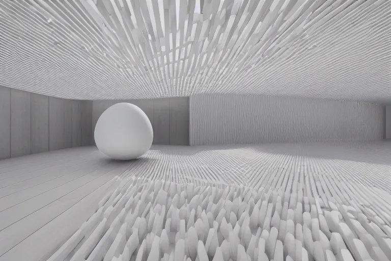 Image similar to a lot of white egg shaped spherical spaces are combined and intersected to form a skum white building. on the calm lake surface, people's perspective, future, interior wood, marble, award winning, highly detailed 4 k art, dusk, unreal engine highly rendered, global illumination, radial light, internal environment