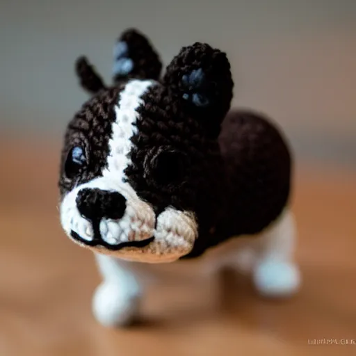 Image similar to a crochet corgi puppy, super cute, kawaii, extremely detailed, complex, intricate, Sigma 50mm f/1.4
