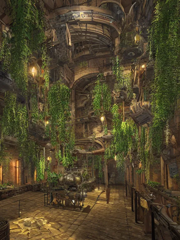 Prompt: A scenic view of A steampunk hall full of plants in undercity district depth ,by guido borelli ,vray Lumion