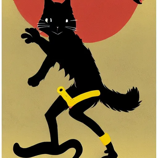 Image similar to a teenage boy with shaggy blond hair dressed as a black cat themed superhero. With cat ears, a tail, and a bell at his neck. Norman Rockwell, Ashley wood.