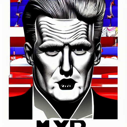 Prompt: character portrait inspired by max headroom and donald trump, digital art work made by brian bolland, highly detailed macabre face, realistic