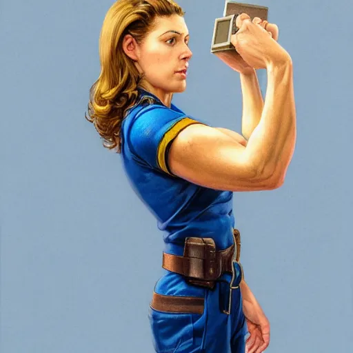 Image similar to epic portrait a slightly muscular woman wearing short sleeved uniform in blue and carrying a construction plan blueprint, detailed, centered, digital painting, artstation, concept art, donato giancola, Joseph Christian Leyendecker, WLOP, Boris Vallejo, Breathtaking, 8k resolution, extremely detailed, beautiful, establishing shot, artistic, hyperrealistic, beautiful face, octane render