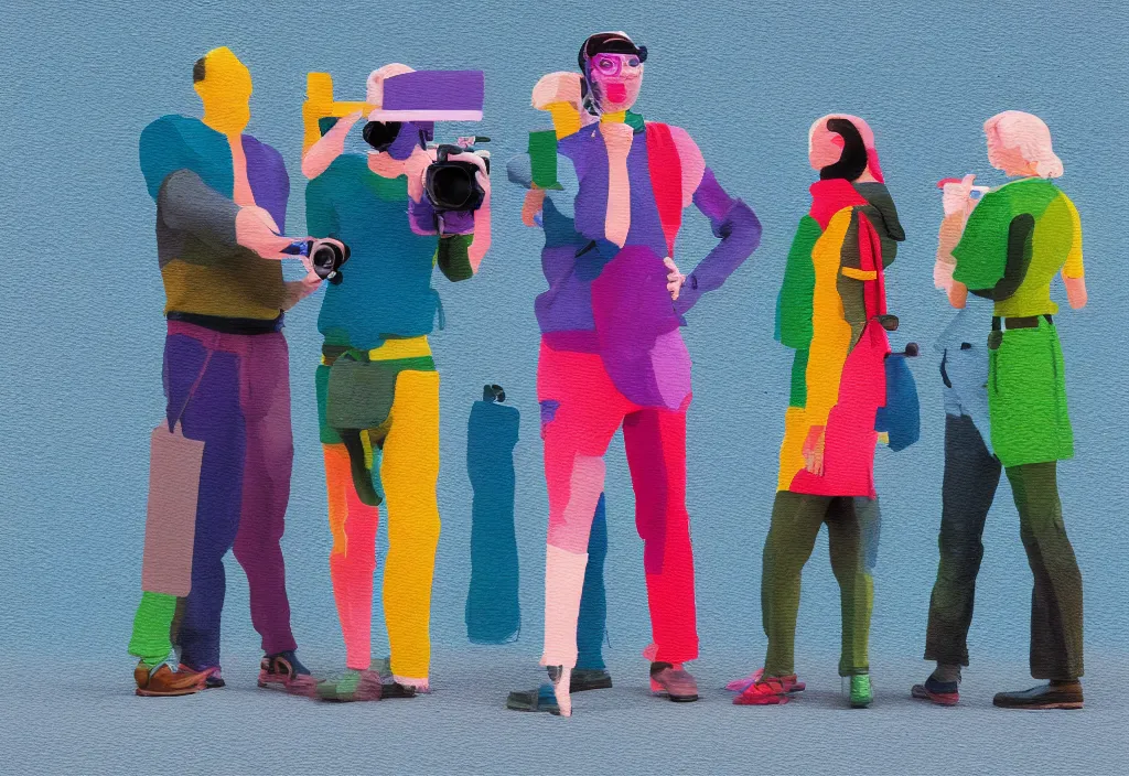 Image similar to full body portrait of a trio of european tourists with nikon cameras, rear views, character designs painting, in the style of wes anderson, rene magritte, lola dupre, david hockney, isolated on white background, dark monochrome neon spraypaint accents volumetric octane render