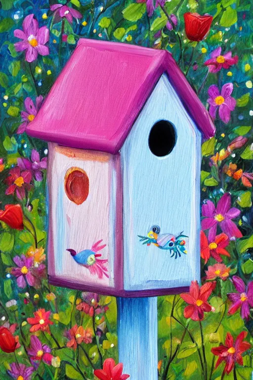 Prompt: a whimsical painting of a whimsical birdhouse with flowers, painted by Lilia Alvarado, trending on artstation,