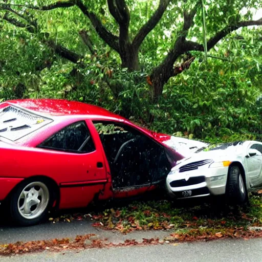 Prompt: The car from outrun gane crashed into a tree