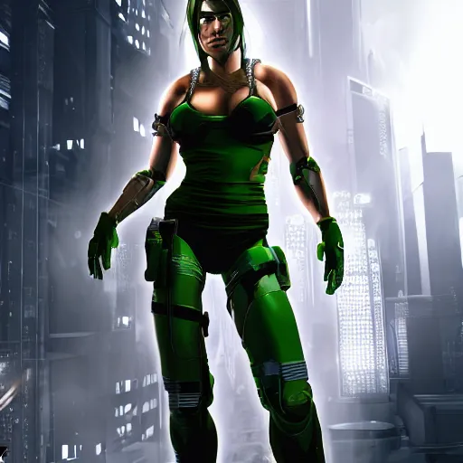 Prompt: Cyborg Lara Croft with white hair, green eyes, exploring futuristic base, Deus Ex elegant clothes, illuminated by surrounding lights, high quality, highly detailed