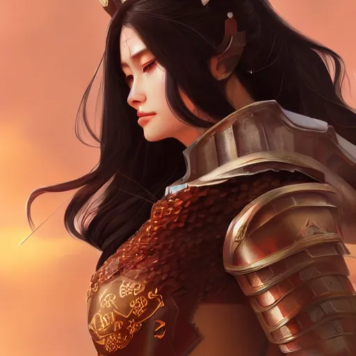 Image similar to a beautiful woman with long dark brown hair wearing armor, japanese fantasy, feudal japan, by lois van baarle, Ilya Kuvshinov, Stanley Artgerm Lau, WLOP, Rossdraws, 4k, high detail, trending on artstation,