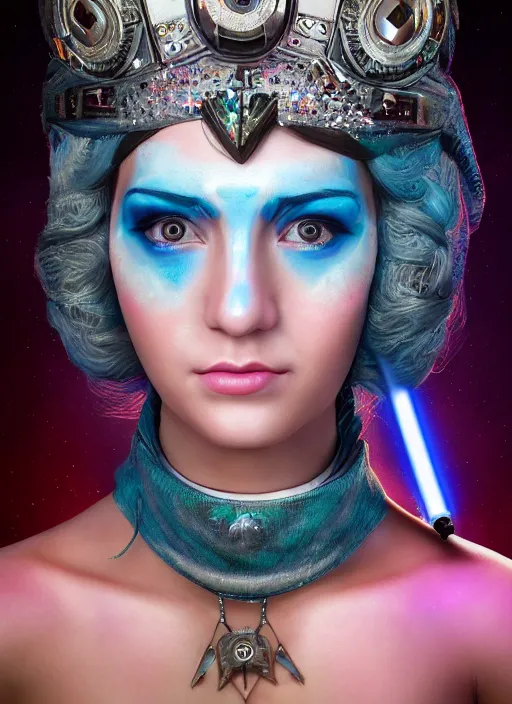 Prompt: a gorgeous princess, detailed Star Wars face paint, large stunning extravagant headpiece, 8k render, ultra realistic, soft lighting, cgsociety, Annie Leibovitz, artgerm