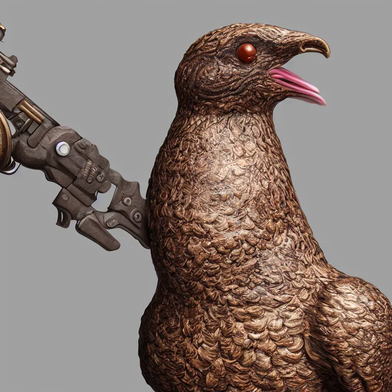 Image similar to a 3 d model of a grouse holding a blunderbuss, studio lighting, octane render, hyper detailed, product photography, 8 k, highly detailed