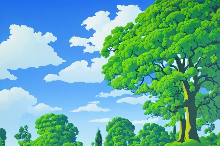Prompt: summer in sanssouci gardens, row of stratocumulus clouds in the blue sky, the gardens and trees are beautiful by eyvind earle