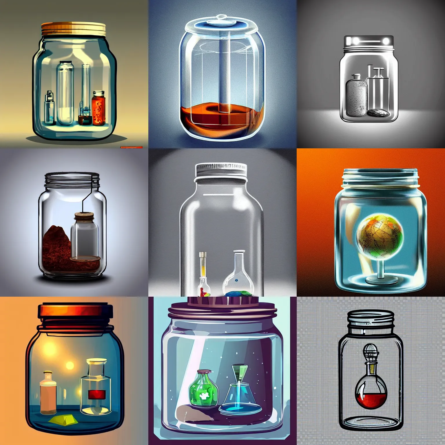 Prompt: a laboratory, jar on a shelf, inside the jar is a tiny globe!!!!!!!!!!, digital art, artstation