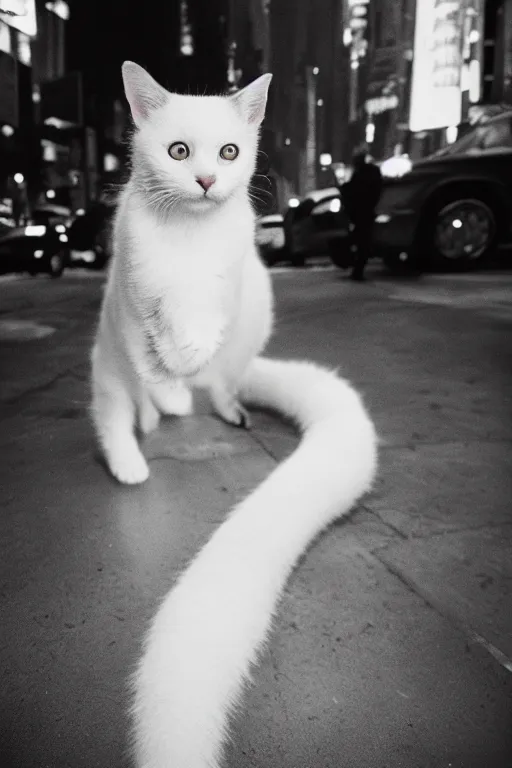 Prompt: leica s photograph, flashpoint flash, bruce gilden, kodachrome film, subject is a white furry cat in nyc