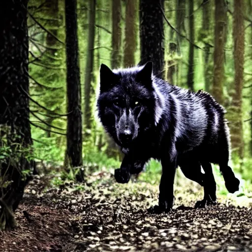 Prompt: Black, big wolf, chasing a man in dark forest, realistic photo