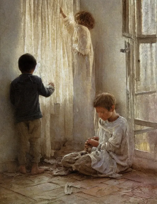 Image similar to peasant boy praying in country house, cottage core, cinematic focus, polaroid photo bleached vintage pastel colors high - key lighting, soft lights, foggy, by steve hanks, by lisa yuskavage, by serov valentin, by tarkovsky, detailed, oil on canvas