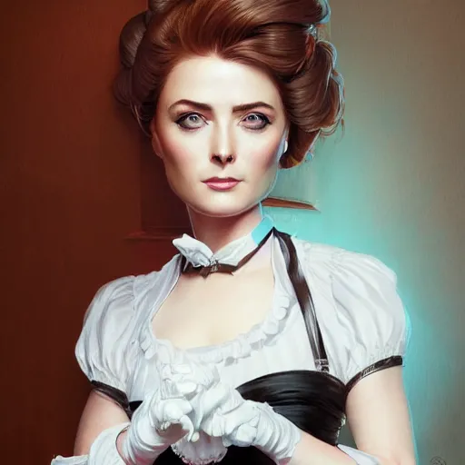 Image similar to a portrait of alexandra breckenridge as a french maid, urban motifs, intricate, elegant, highly detailed, digital painting, trending on artstation, concept art, smooth sharp focus, illustration, art by artgerm and greg rutkowski