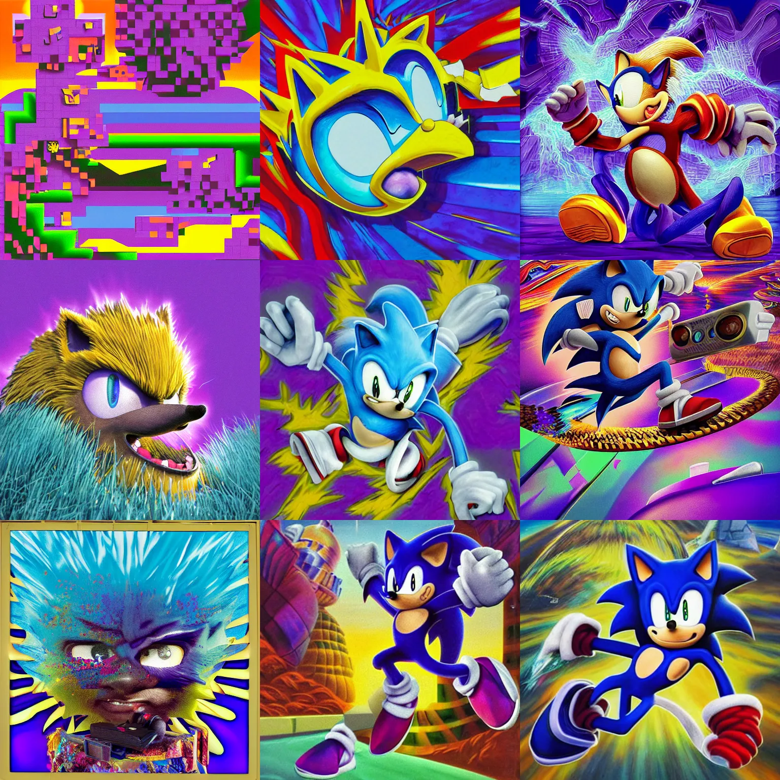 Prompt: shattered portrait of sonic hedgehog and a matte painting landscape of a surreal, sharp, detailed professional, soft pastels, high quality airbrush art album cover of a liquid dissolving airbrush art lsd dmt sonic the hedgehog swimming through cyberspace, purple checkerboard background, 1 9 9 0 s 1 9 9 2 sega genesis rareware video game album cover