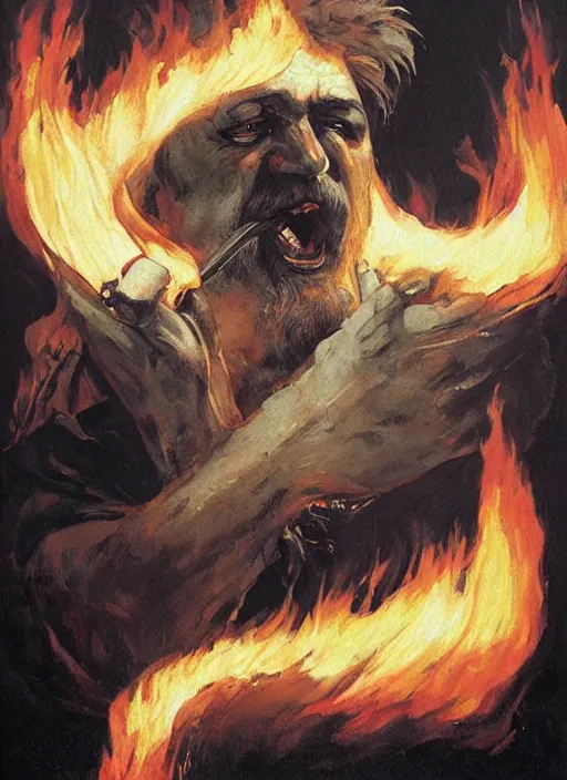 Image similar to portrait of grizzled sailor on sea of black flame, coherent! by brom, deep color, strong line, high contrast