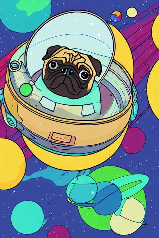 Prompt: planet pug floating in space, art by viktor miller gausa, sticker, colorful, illustration, highly detailed, simple, smooth and clean vector curves, no jagged lines, vector art, smooth