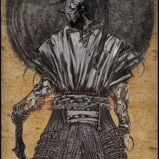 Image similar to A PORTRAIT FROM BEHIND OF A SAMURAI MAN VAGABOND WITH A MOON BEHIND HIM ,THE SAMURAI IS WRAPPED IN CHAINS ,detailed, concept art, ink style , sketch