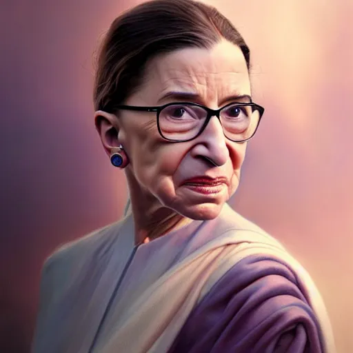 Image similar to a hyper - realistic character concept art portrait of young ruth bader ginsburg, depth of field background, artstation, award - winning realistic sci - fi concept art by jim burns and greg rutkowski, beksinski, a realism masterpiece, james gilleard, bruegel, alphonse mucha, and yoshitaka amano.