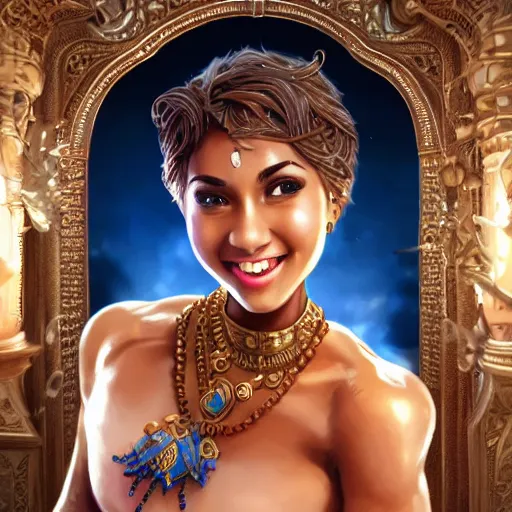 Image similar to a short haired genie, female, young, brown hair, brown skin, abs, emerging from her lamp, confident and smiling, insanely detailed and intricate, hypermaximalist, elegant, ornate, hyper realistic, super detailed, Art Deco, cinematic, trending on artstation, magic the gathering artwork, centered