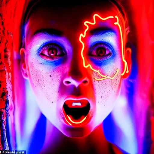 Prompt: style of Charlie Bowman, symmetrical detailed woman Stella Maeve who is screaming scared face, symmetrical eyes symmetrical, The interior of an cave lit in red, blue neon light coming from the back of the cavern, mysterious atmosphere