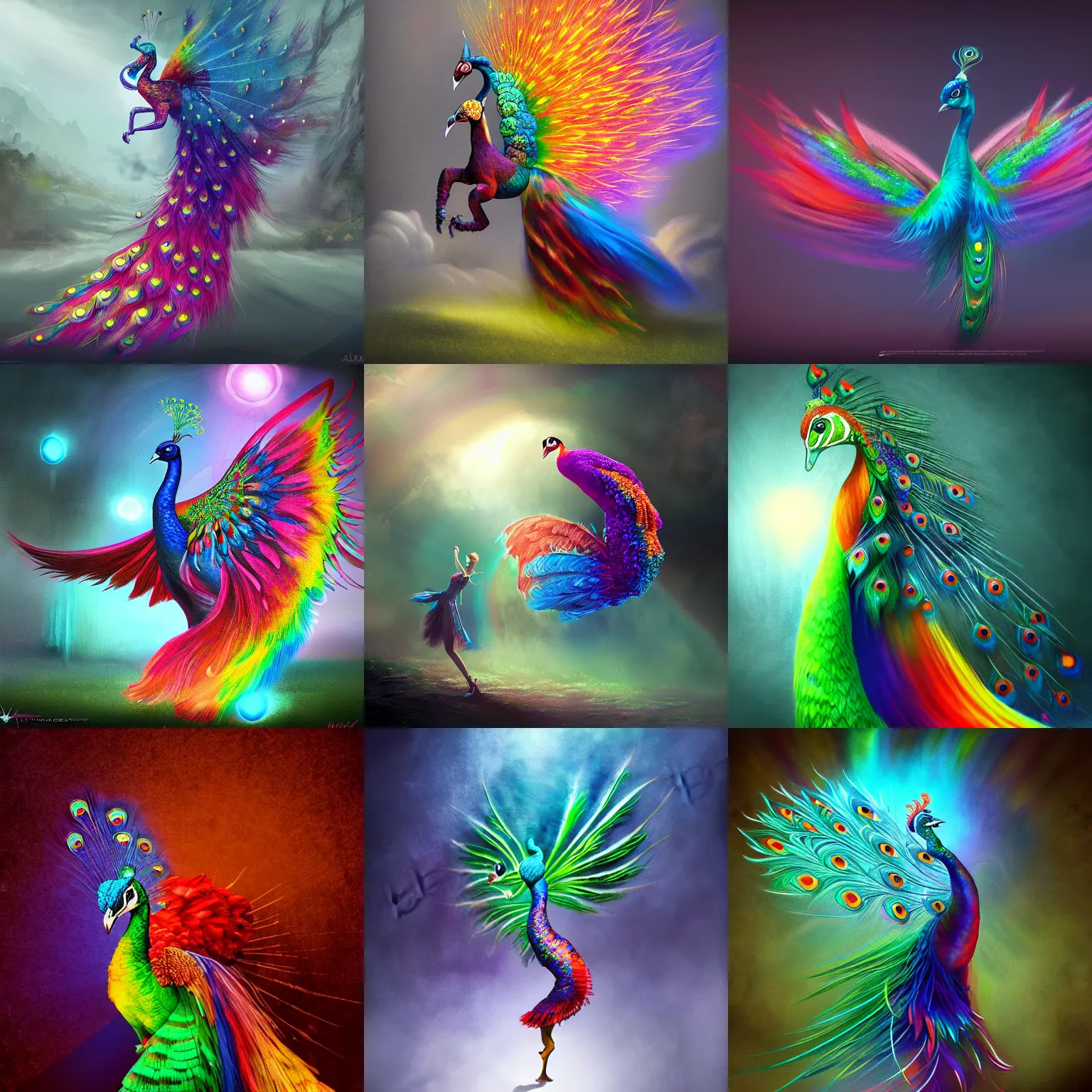Prompt: high detail concept art, rainbow dancing peacock, dark fantasy, backlight, atmospheric, trending on artstation