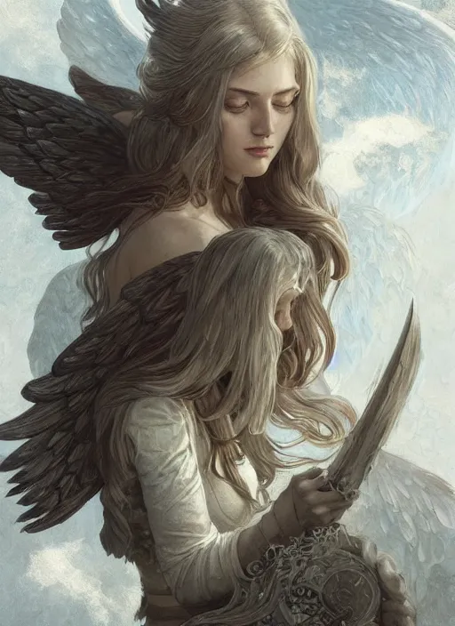 Image similar to Aasimar Paladin with shaggy silver hair, brown scruffy beard, angel wings, epic, striking, fantasy, intricate, elegant, highly detailed, digital painting, artstation, concept art, smooth, sharp focus, illustration, art by Krenz Cushart and Artem Demura and alphonse mucha