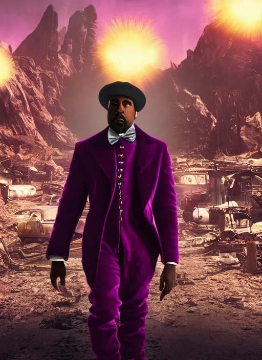 Image similar to Kanye West as willy wonka in fallout new vegas, splash art, movie still, cinematic lighting, dramatic, octane render, long lens, shallow depth of field, bokeh, anamorphic lens flare, 8k, hyper detailed, 35mm film grain