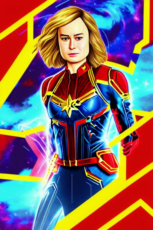 Prompt: Brie Larson as Captain Marvel high quality digital painting in the style of Lisa Frank