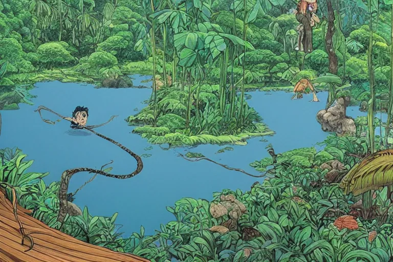 Image similar to sri lankan river and jungle, drawn by hayao miyazaki