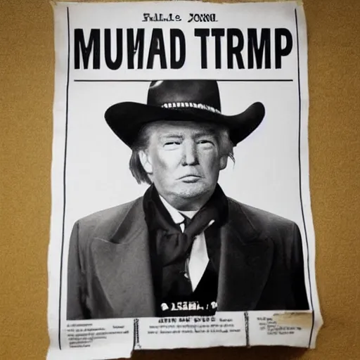 Image similar to Donald Trump on a wild wild West wanted poster with a 10 gallon hat caring to LeMat revolver