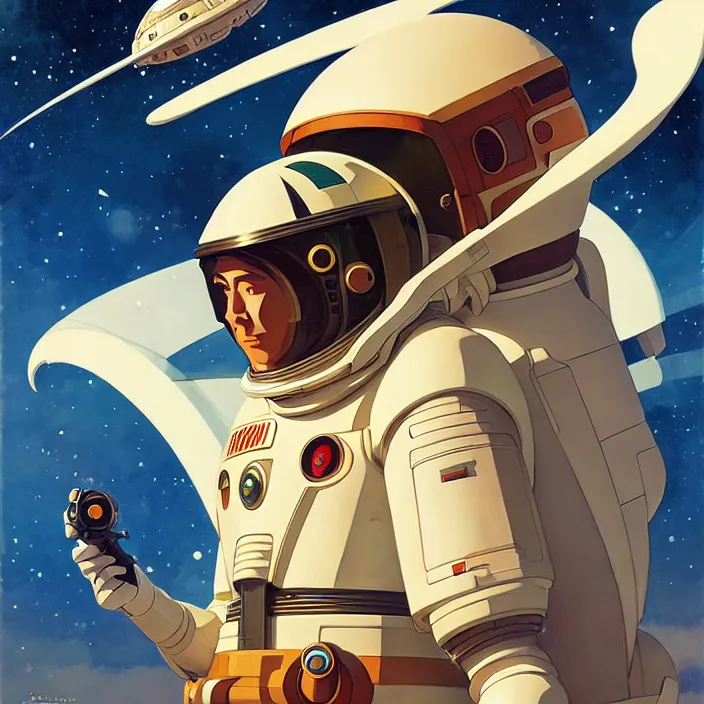 Image similar to space ship pilot in the style of studio ghibli, j. c. leyendecker, greg rutkowski, artem