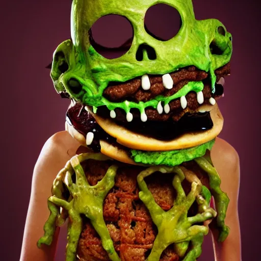 Image similar to a humanoid bipedal upright zombie that strongly resembles a hamburger, professional food photography