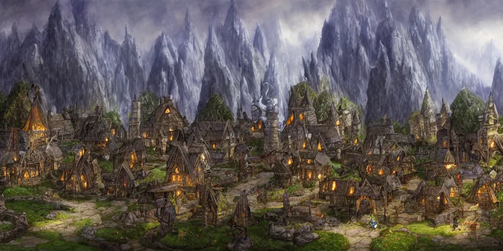 Image similar to high fantasy magical elven town village, gilroy gardens, art by john howe, alan lee, ted naismith, quinton hoover, j. r. r tolkien, lord of the rings, rpg, dungeons and dragons, elden ring, adventure, environment, smooth, sharp focus, deviantart, artstation