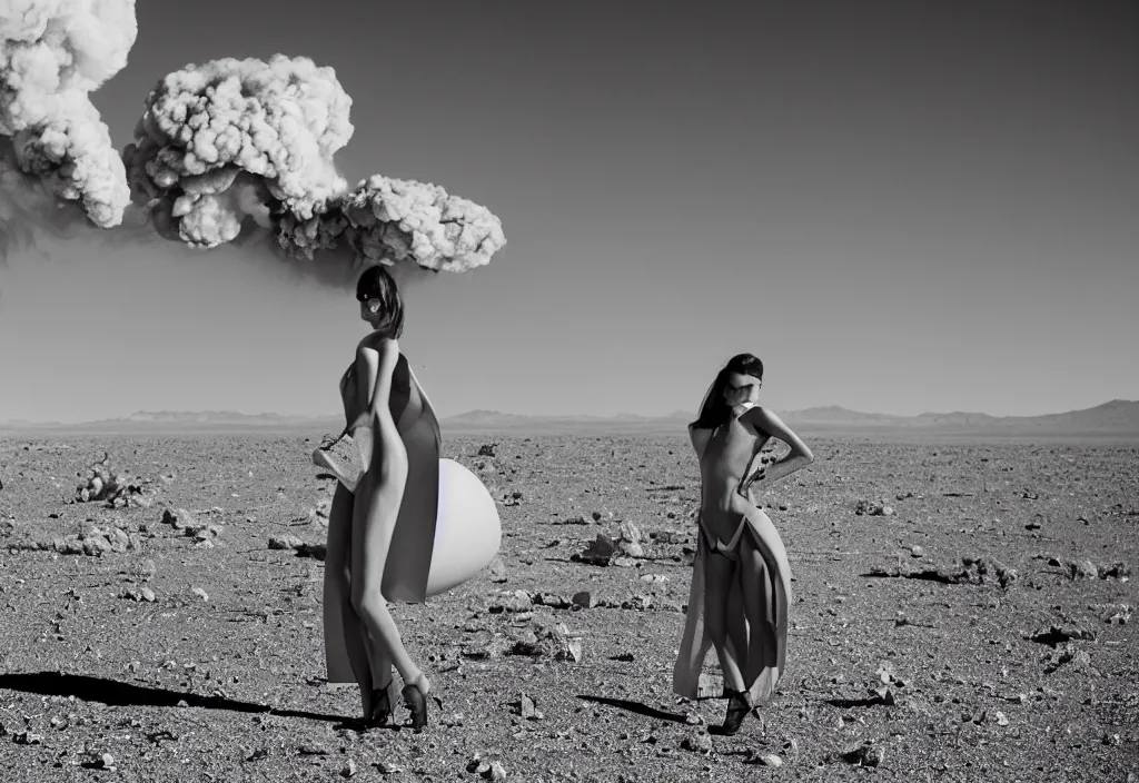 Prompt: fashion editorial in nuclear explosion. Nevada desert test site. wide angle shot. highly detailed. depth of field. high definition. 8k. photography.