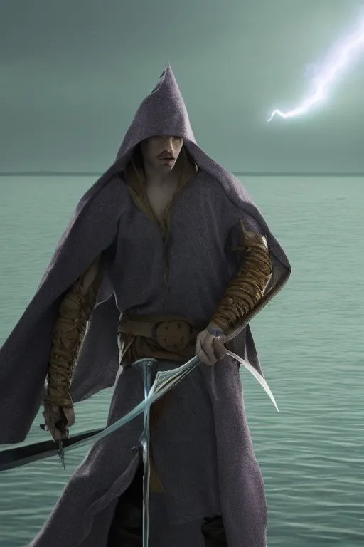 Prompt: hyper realistic wizard holding a sword that’s pointed towards the sky, getting shocked by purple lightning, levitating over a lake, octane, trending on artstation, hyper realistic, highly detailed, unreal engine, amazing depth of field, 8k