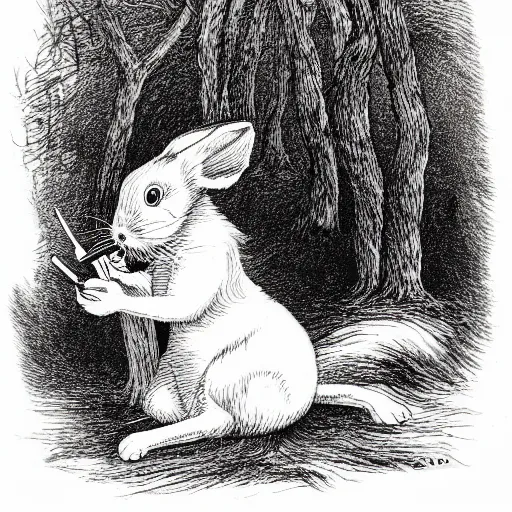 Image similar to a pen and ink drawing of a white rabbit smoking a cigarette while reclining in a deep dark tangled forest, a lingering smoke cloud, childrens book illustration, by edward gorey, by gustav dore